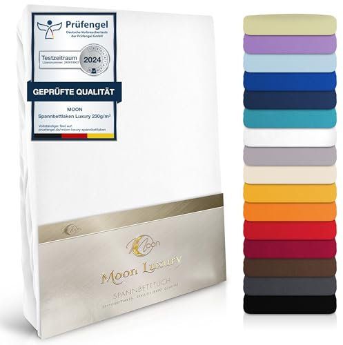 Moon-Luxury Spannbettlaken Spannbetttuch Jersey Stretch 230g/m² für Wasserbetten, Boxspringbetten und herkömmliche Matratzen (weiß, 90x200-100x220)