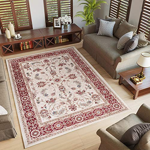 TAPISO Colorado Teppich Wohnzimmer Kurzflor Orientalisch Creme Weiss Rot Ziegler Ornament Muster Traditionell Orientteppich ÖKOTEX 200 x 300 cm