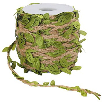 Tenn Well Burlap Leaf Ribbon, 66 Feet 5mm Natural Jute Twine Ribbon with Artificial Leaves for Crafts, Wedding, Jungle Safari Party, Baby Shower Decor, Home Decor