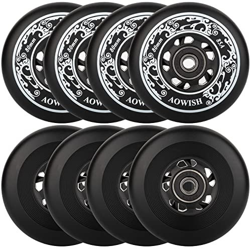 AOWISH Inline Skate Wheels 85A Outdoor Asphalt Formula Hockey Roller Blades Replacement Wheel with Bearings ABEC-9 and Floating Spacers (8-pack) (Black, 76mm)