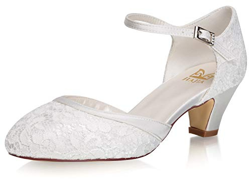 JIAIIA 8963 Women's Memory Foam Bridal Shoes Closed Toe 1.9'' Block Low Heel Lace Satin Pumps Wedding Shoes Colour Ivory,Size 5 UK/38 EU