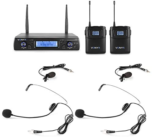 Vonyx WM62B Set de Micrófono Inalámbrico Doble de Diadema y Solapa, con 2 Microfonos Inalambricos de Diadema, 2 Micros Inalambricos de Solapa, 2 Petacas y Receptor, Microfono Reuniones, Micro Cantar