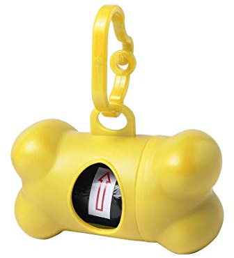 Dispensador en Forma de Hueso de Bolsitas Coletoras de Excremento de Perros y Mascotas - Porta Bolsas de Desechos Heces Caca + 15 Bolsas (Amarillo)