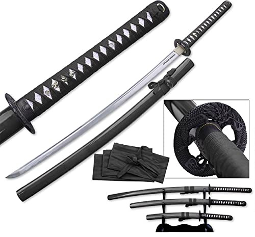Katana Wakizashi Tanto EIN Satz Schwerter Mit einem Stand scharf echt zum Training Metall Stahl 1045 Samurai 100% handgefertigt Nur für Erwachsene - 18 Jahre erforderlich 9KM3-3PCBK