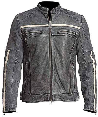 Aksah Fashion Giacca in Pelle da Motociclista Biker da Uomo Nera Anticata Vintage Invecchiata Retrò, XXL