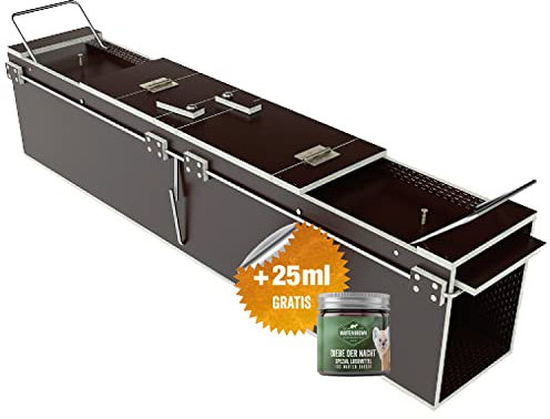 Martenbrown® Katzenfalle Groß 120cm I Dient auch als Waschbärfalle oder Marderfalle I Marder Kastenfalle I Lebendfalle Katze I Waschbär I Falle aus Holz mit Lockmittel 25g