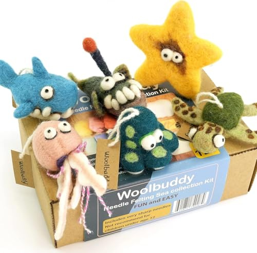 Woolbuddy Kit de fieltro de aguja: animales marinos para principiantes, adultos y niños, incluye lana de rover, agujas de fieltro, almohadilla e instrucciones (idioma español no garantizado)