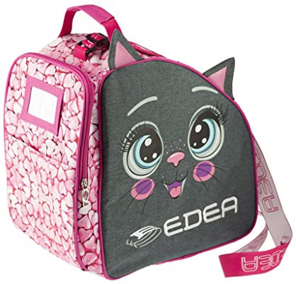 Edea Schlittschuhtasche Kitten, grau und pink, mit Kätzchen-Grafik, Dickes reißfestes Gewebe, Nietenboden mit Ablaufloch, Verstellbarer Schultergurt, gepolsterter Tragegriff, seitliche Katzenohren