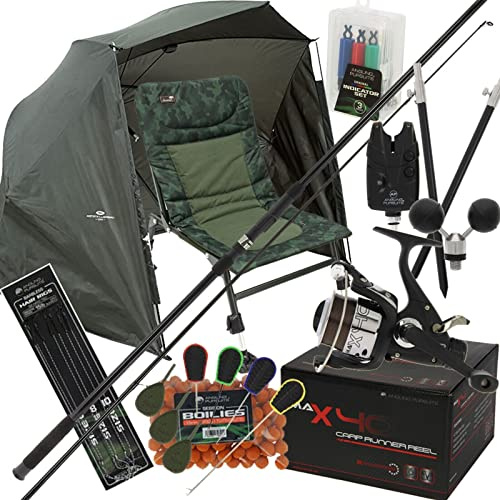 Carp Fishing Setup 12ft 3 piece Rod Reel Combo Bite Alarm Brolly Foldable Chair Tackle & Bait