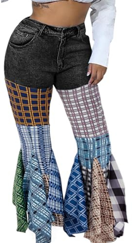 ThusFar Women High Waist Patchwork Flare Jeans Plaid Bell Bottom Ruffle Hem Denim Long Pants Trousers