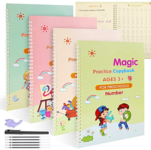 funvce Englisches Magisches Übungsheft, 4 Stück Wiederverwendbares Magische Heft Schreibhilfe Für Stift Kinder, Lernen Alphabet,Athematik, Zahlen Und Zeichnungen