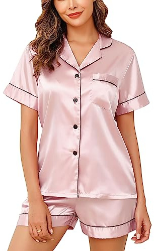 Lovasy Pyjama Satin Femme Short Ensemble Pijamas à Manches Courtes Chemises de Nuit Sexy Chic Été 2 Pièces Vêtements de Nuit en Soie Boutonnée,Rose Chair M