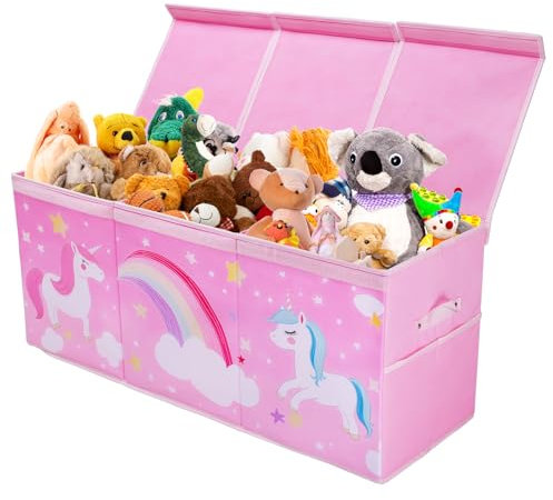 Decalsweet Unicorn Extra Large Kids Toy Storage Box with Lid,Foldable Oxford Toy Storage Organizer Box with Mesh Pockets for Girls-96×32×40cm-Toy Chest with Handles for Bedroom Nursery