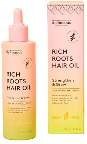 Delhicious Amla Hair Oil & Rosemary Oil for Hair Growth - Rich Roots Hair Loss Treatment for Thinning Hair - Dry Scalp Treatment with Argan Oil - Ayurveda Scalp Oil - Vegan, Sulphate Free - 100ml