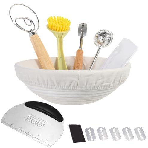 Bread Baking Sets, 9.8in Large Round Bread Proofing Basket with Liner, Dough Scrapers, Sourdough Cutter, Whisk, Brush and Flour Sifter, Quick Sifting and Baking Starter Kit
