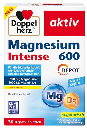 Doppelherz Magnesium 600 Intense DEPOT - 600 mg hochdosiertes Magnesium + 1000 I.E. Vitamin D pro Tablette - 30 DEPOT-Tabletten