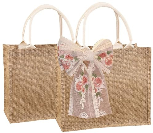 YMASELA Burlap Jute Tote Bags (2pcs, 12.2 X10.6 X 6.3) Reusable Burlap Gift Bags with Handles Lace Bow for Party, Merchandise Retail Jute Waterproof Lining Shopping Tote Bag for Bridesmaid Beach