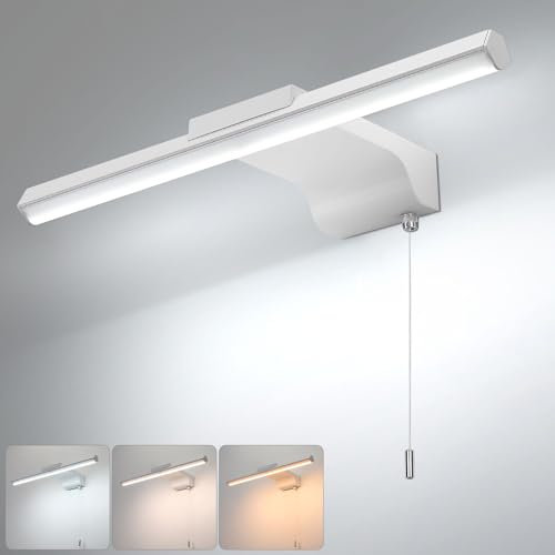 Lightsjoy 40CM Bathroom Mirror Light with Pull Cord Switch 8W Bathroom Wall Lights 3 Colors Dimmable Mirror Lamps IP44 Shaving& Make Up Light Above Bathrooms Picture Lights for Living Room White