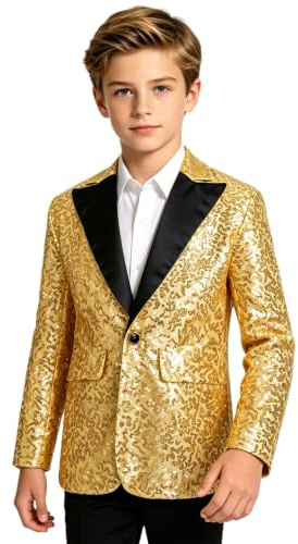 Loodgao Boys Sequin Blazer Kids Glitter Jacket for Wedding Party Stage Performance and Dance Costume Gold 5-6 Years
