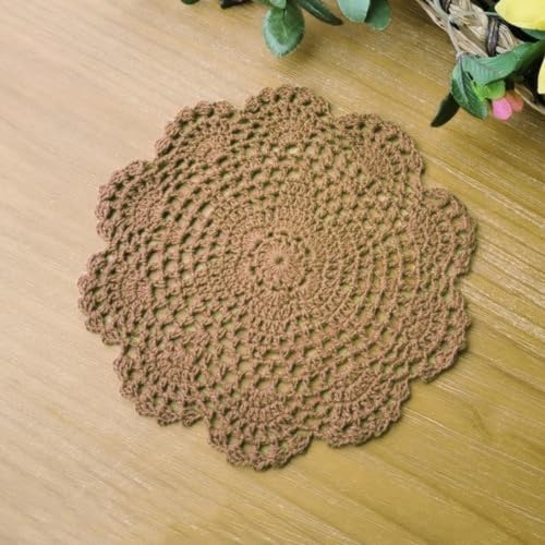Blausky 6 stycken runda broderade bordsmattor, virkade dukar, spetsiga bordstabletter små virkade bordslöpare bomull underlägg, bordsdukar för koppar skålar tallrik vaser antik, 20 cm, kaffefärg