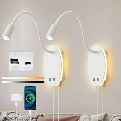 Winverty 2 Pezzi Lampada da Letto a LED, Lampada da Lettura a Parete Batteria con Interruttore Dimmerabile e Porta di Ricarica USB, Lampada da Lettura Flessibile a Collo di Cigno per Camera da Letto