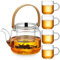 Set Teiera Vetro, MESNEY Teiera con Infusore 1100ml con 4 Tazza da Tè, Vetro Borosilicato, Adatta per Microonde e Piano Cottura