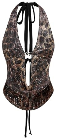 Verdusa Women's Cheetah Print Sequin Top Y2K Tie Back Corset Halter Going Out Crop Tops Brown Large