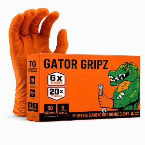 TG TOUGH GLOVE Gator Gripz Orange Nitrile Gloves S, Diamond Grip, 50 Pack | diamond texture, disposable, powder free, latex free, strong, heavy duty