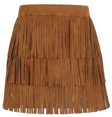 Noomelfish Women Suede Fringe Skirt Boho Tassel Layered Ruffle Skirt, Brown, Medium