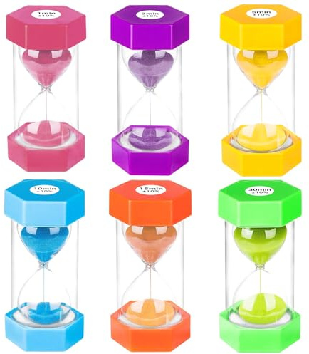 Zorplex Set de 6 Relojes de Arena Coloridos para Niños, Temporizadores 1/3/5/10/15/30 Minutos, Ideal para Cocina, Hogar, Aprendizaje y Juegos