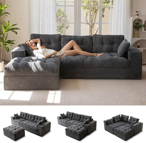 MAXYOYO 104 L Shaped Modular Sectional Sofa with Ottoman, Cloud Boneless Couch with Layered Cushion, Upholstered Sofa Flexible Module Combination for Living Room, No Assembly, Dark Grey