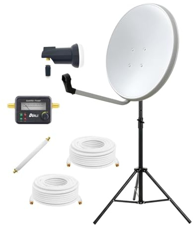 ARLI Treppiede da 120 cm con picchetti per antenna satellitare in acciaio, pieghevole, regolabile in altezza, campeggio, balcone, giardino, terrazza, camper (treppiede + impianto satellitare da 60 cm