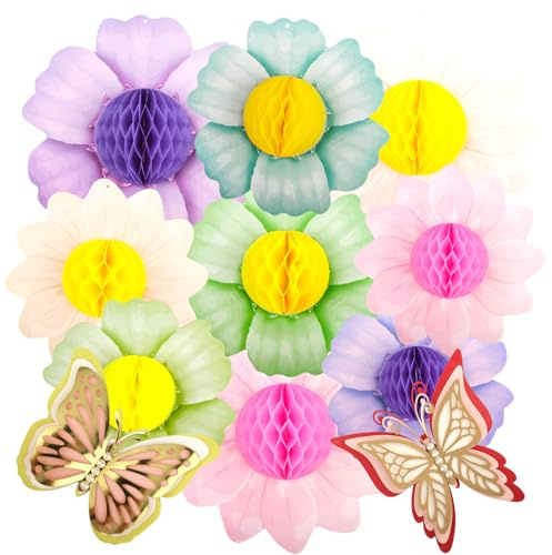 LEIMEND Decorazioni Floreali in Carta a Nido D'ape 9 Pezzi Decorazioni Floreali 3D （2 Farfalle di Carta） per Compleanni Matrimoni Decorazioni da Tavola Aule Scolastiche Baby Shower