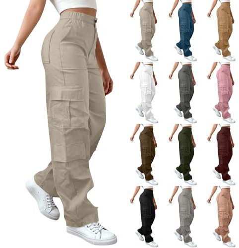 Pantalon Cargo Femme avec Multi Poches Pantalons Femme Sport Taille Haute Pantalon Unie DéContracté VêTements Sport Pants Taille ÉLastique Casual Sportswea Fit Coupe pour RandonnéE Travail Chasse