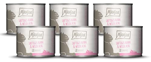 MjAMjAM - nourriture humide premium pour chats - poulet juteux et saumon sauvage, pack de 6 (6 x 200 g), sans céréales avec supplément de viande