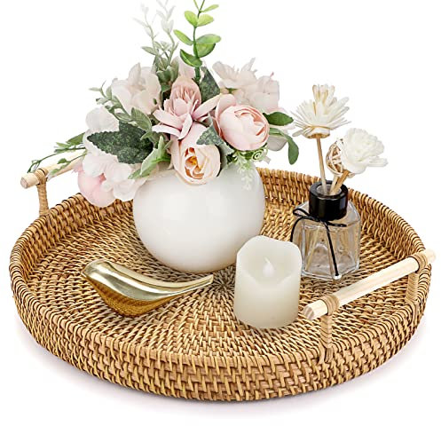 IGNPION Vassoio da portata rotondo in rattan intrecciato, 28 cm, vassoio decorativo con manico, vassoio organizer da scrivania per caffè, bevande, colazione, tè, candele