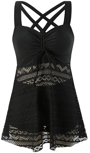 Ocean Plus Femmes Elagant Tankini Top Dentelle Maillot de Bain Deux Pièces sans Dos à Enlever en Couleur Unie avec Coussinet de Poitrine sans Support en Acier (M (EU 36-38), Noir)