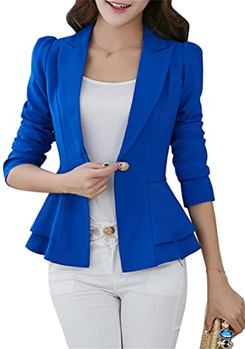 EFOFEI Femmes Veste De Tailleur Élégante pour Le Travail avec Jabot Et Volant À La Coupe Étroite Blazer Étroit À Un Seul Bouton Bleu M