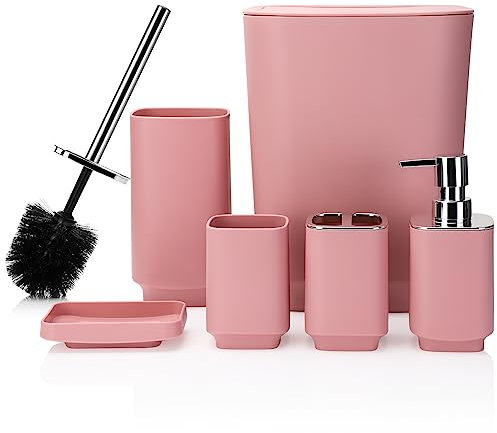 JOTOM Lot de 6 accessoires de salle de bain en plastique de luxe avec poubelle, brosse WC, porte-brosse à dents, gobelet, porte-savon, distributeur de savon, cadeau (rose)