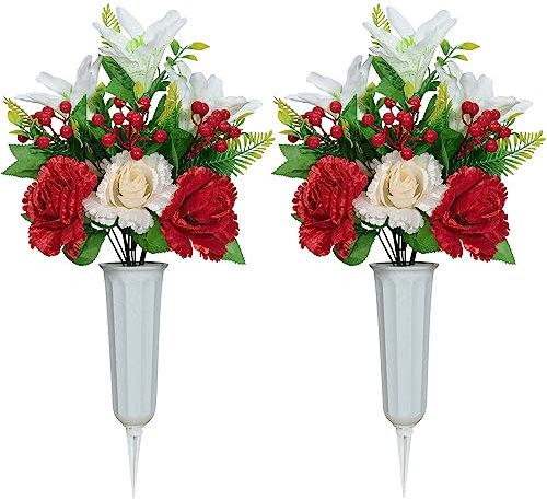 SIFOEL Artificial Cemetery Flowers for Grave, Set of 2 Artificial Memorial Flowers with Vase for Outdoor Cemetery Headstones Graveyard Decoration (White &Red)