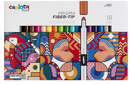 CARIOCA Marqueurs de couleur Colori Plus Prisma - Pointe fibre de qualité supérieure, double trait, encre ultra-intense et résistante à la lumière, fabriqués en Italie (boîte de 18 marqueurs)