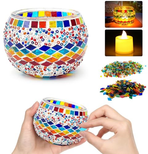 Hysagtek Glasmosaik Kerzenhalter Kit, Kreatives Mosaik Bastelset Kinder Erwachsene, mit Mosaikkleber, Mosaik Teelichthalter für Zuhause, Beleuchtung, Dekoration