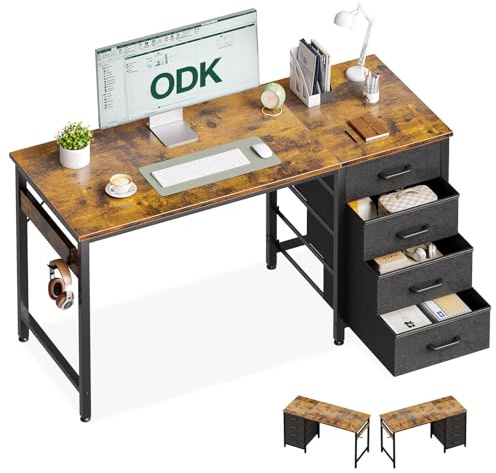 ODK Scrivania con 4 Cassetti in Tessuto, 120x48cm Tavolo per Computer con Gancio per Cuffie, Scrivania Ufficio Reversibile per Uffici e Postazioni di Lavoro, Marrone