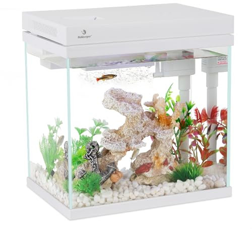 fishkeeper 8L Mini Aquarium Komplettset, Nano Aquarium Set Komplett mit LED, Filtersystem & Einstellbar Luftpumpe, Weißes Kleines Aquarien Starterset für Büro und Wohnen