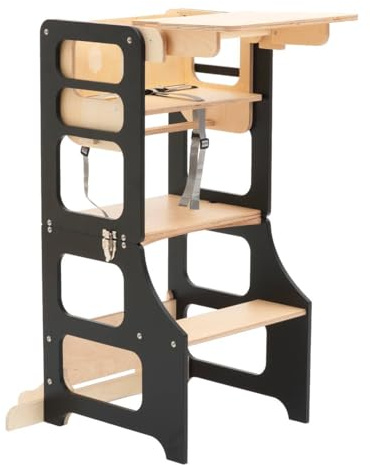 Duck Woodworks Torre de cocina multifuncional transformable de alto carbón y mesa con silla (negro)