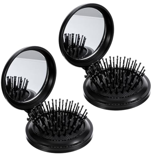 2PCS Folding Travel Mirror Hair Brushes, Round Folding Mirror Pocket Hairbrush, Foldable Hair-Brush with Makeup-Mirror for Women, Portable Mini Pop Up Hair-Brushes for Wet and Dry Hair (Black)