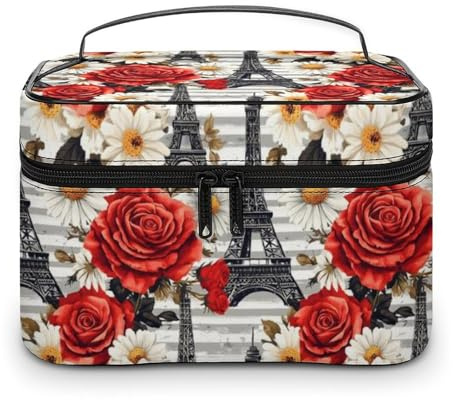 Grande borsa da viaggio in pelle, organizer da viaggio con rose e margherite Torre Eiffel, trousse per cosmetici da donna, per la cura della pelle delle unghie, organizer per trucchi con scomparti per