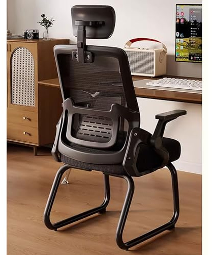 Ergonomisk kontorsstol i mesh Med slädeunderrede Besöksstol for kontor Med ryggstöd Lämplig for konferensrum, sovrum, väntrum och receptioner(Black+black frame+headrest)