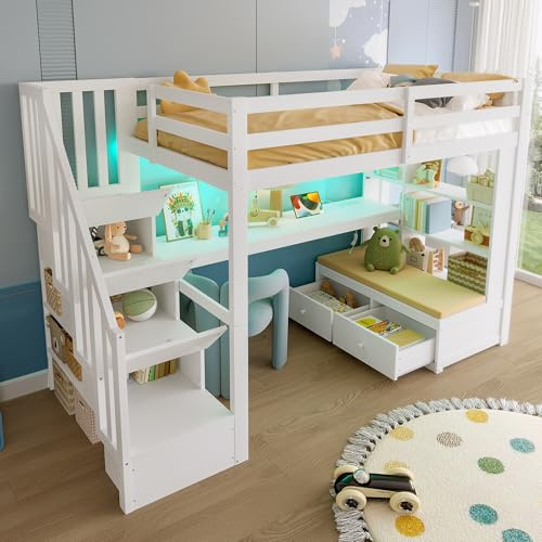 HOXINBLY Letto a soppalco singolo 90x200 con scrivania e mensole, Letto a castello per bambini con 2 cassetti integrati e scaletta, Struttura Letto con contenitore, Bianco (Senza Materasso)