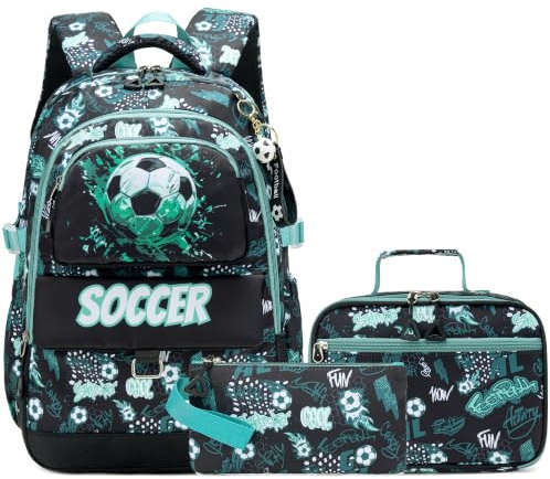 Makukke skolryggsäck set för tonåringar pojkar, gamer skolväskor med matlåda och pennfodral, presenter coola skolväskor för grund- och mellanstadiet, Fotbolls-tredelat set – grön, 15.6 inch, gamer